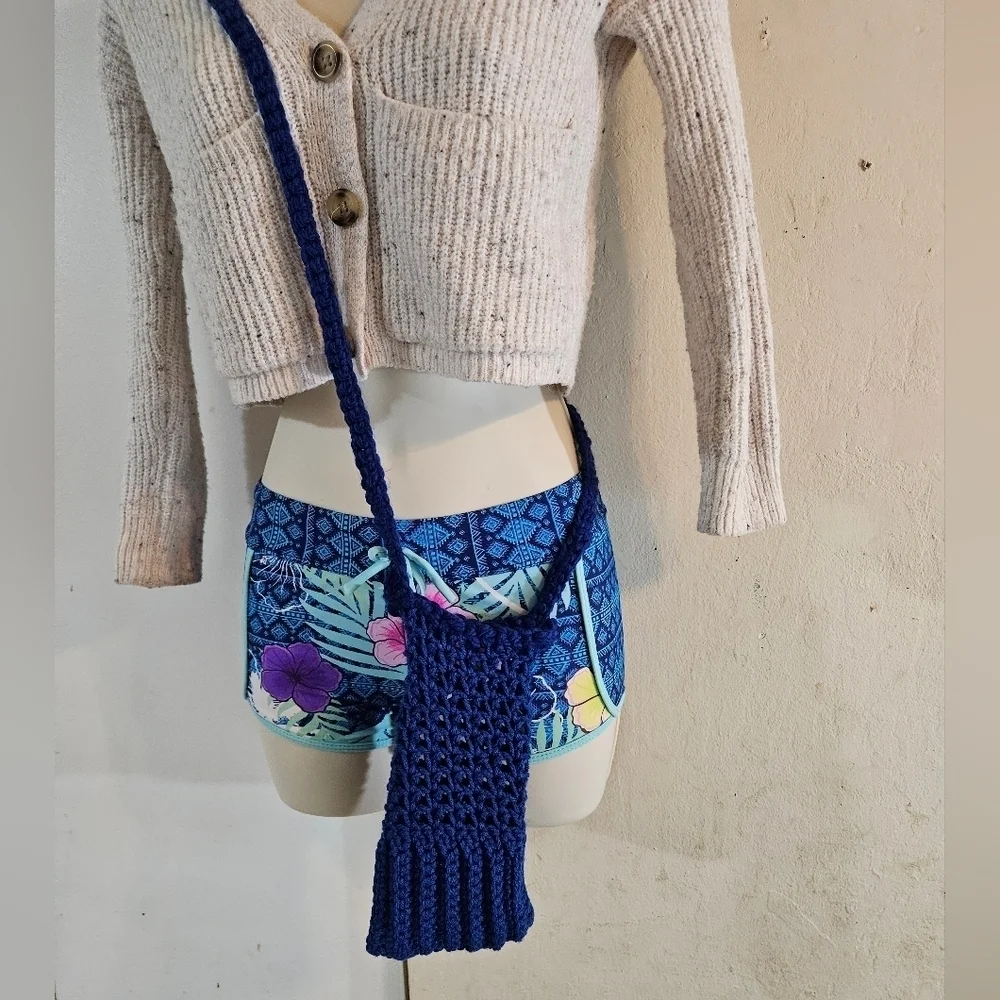 Hand Crafted hand knit crochet cellphone crossbody bag boho style electric blue